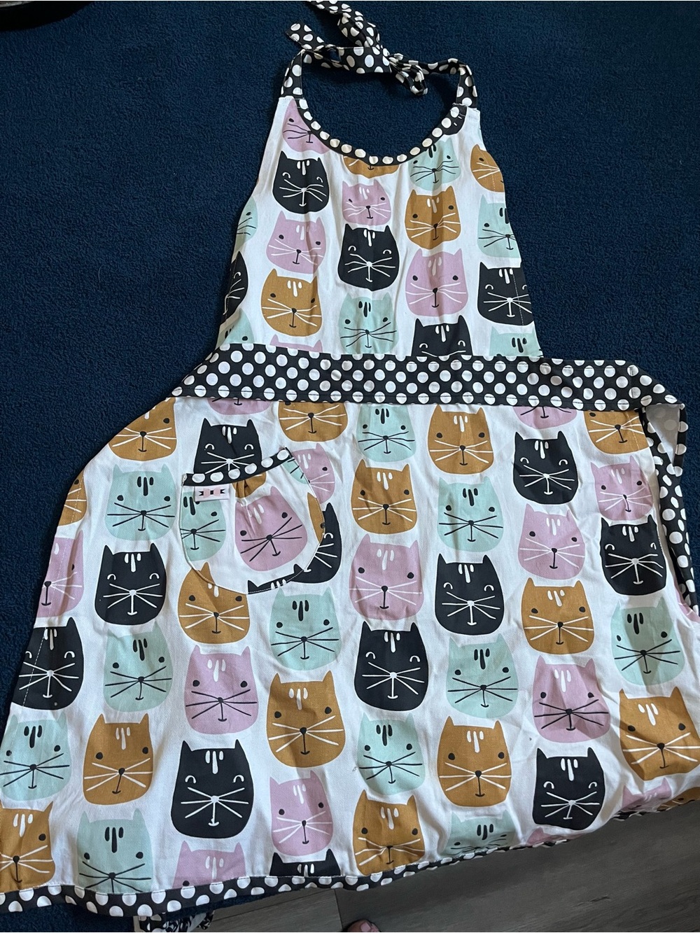 Cute Cat-Print Apron in Multicolor with Polka Dot Trim